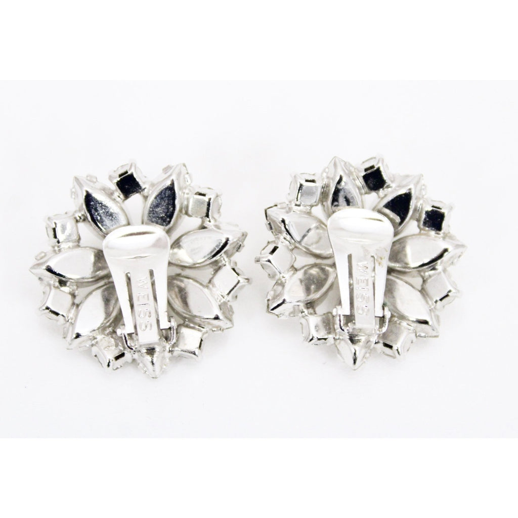 Vtg WEISS Earrings Marquise White RHINESTONE Flower Clip On 1.5" Signed Octagon Round The Best Vintage Clothing