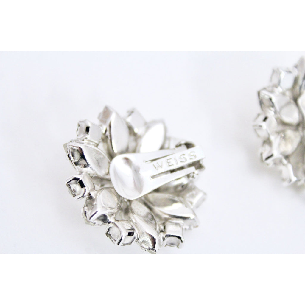 Vtg WEISS Earrings Marquise White RHINESTONE Flower Clip On 1.5" Signed Octagon Round The Best Vintage Clothing