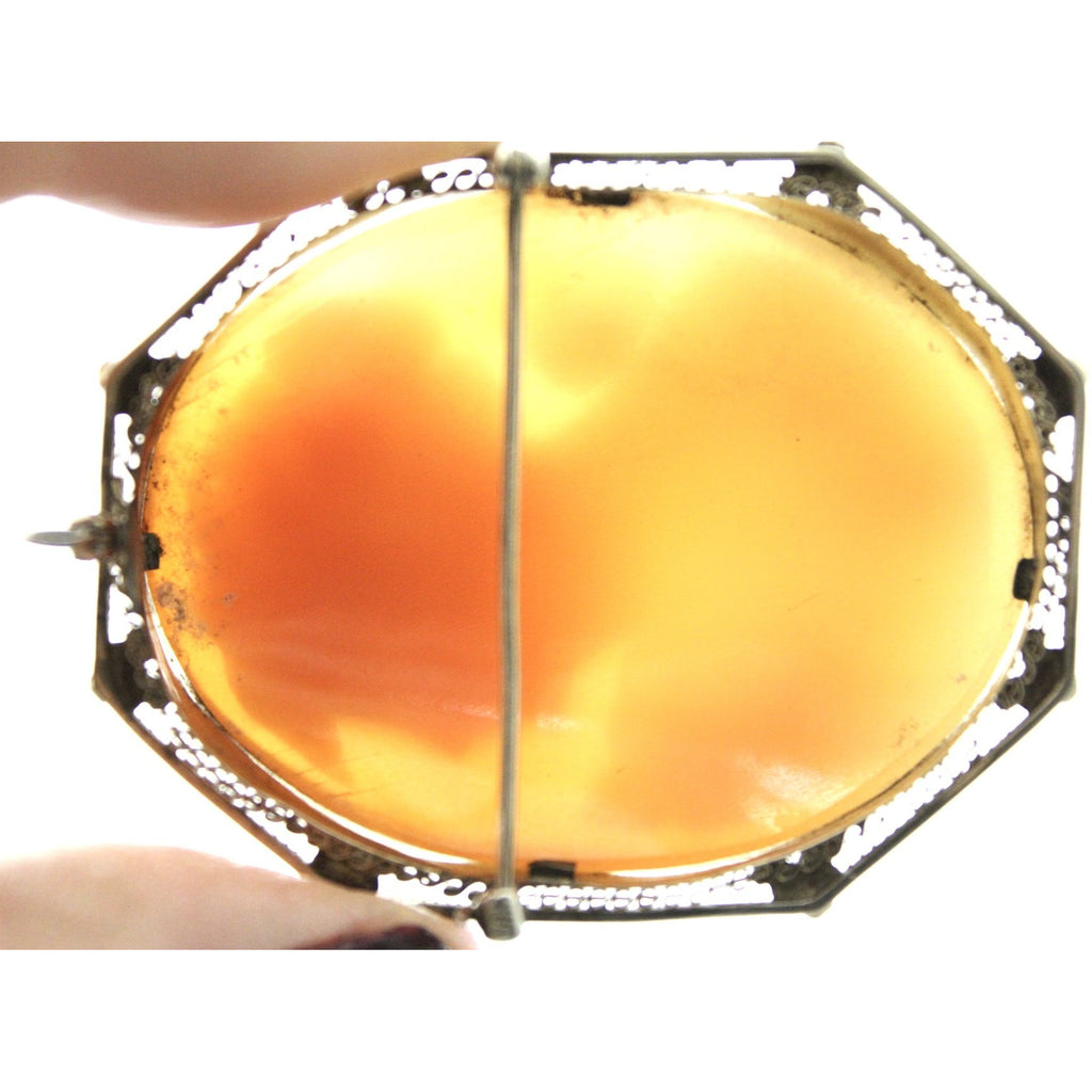 14k White Gold Filigree Carved Shell Victorian Cameo Brooch Rose Pin Pendant Folding Bale 1 7/8 13G The Best Vintage Clothing