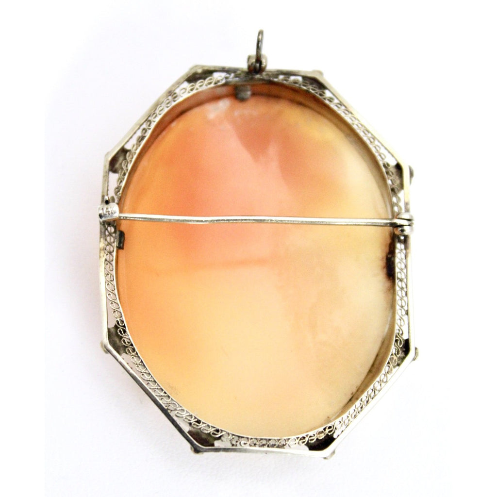14k White Gold Filigree Carved Shell Victorian Cameo Brooch Rose Pin Pendant Folding Bale 1 7/8 13G The Best Vintage Clothing