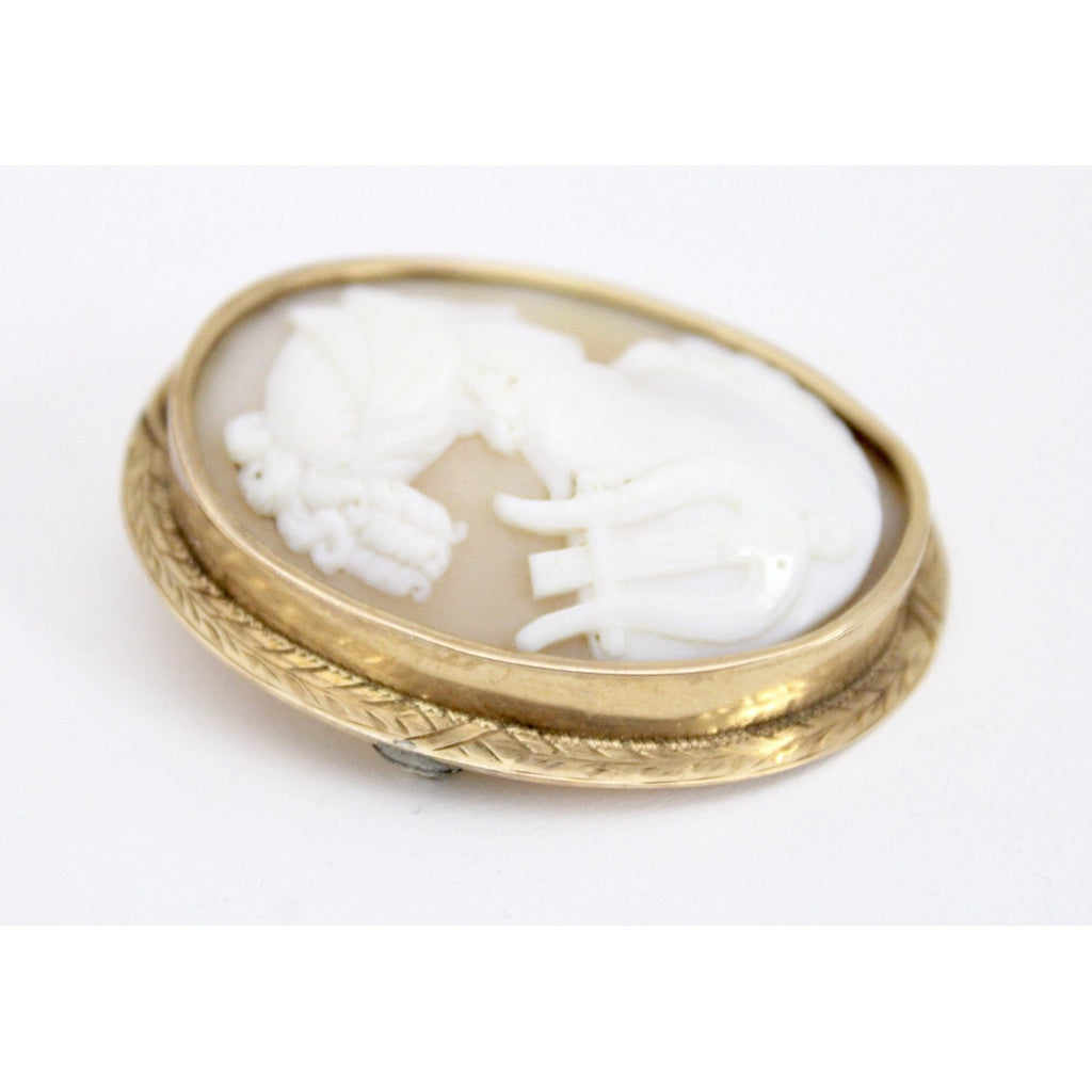 Shell Cameo "Orpheus" w/Lyre Brooch 10K Yellow Gold 1837-1910 Large 2" 8 Grams The Best Vintage Clothing
