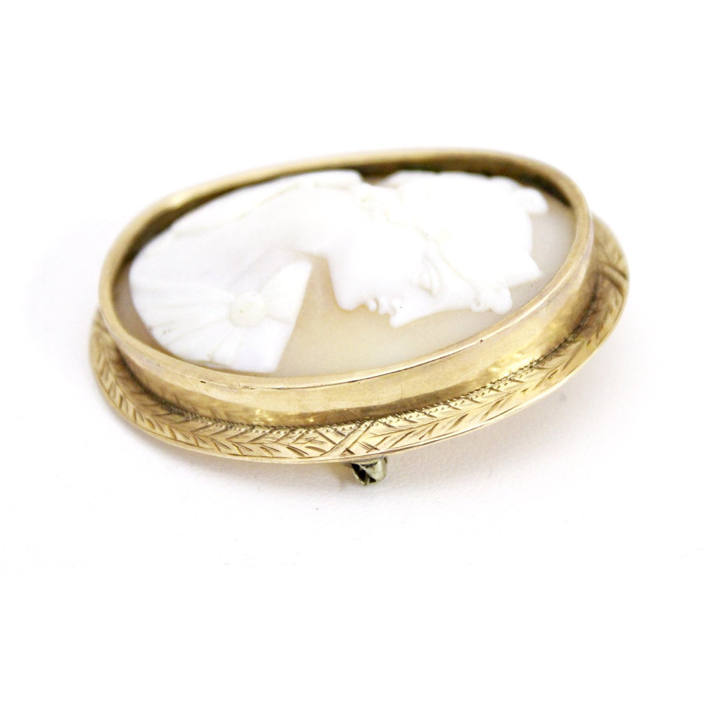 Shell Cameo "Orpheus" w/Lyre Brooch 10K Yellow Gold 1837-1910 Large 2" 8 Grams The Best Vintage Clothing