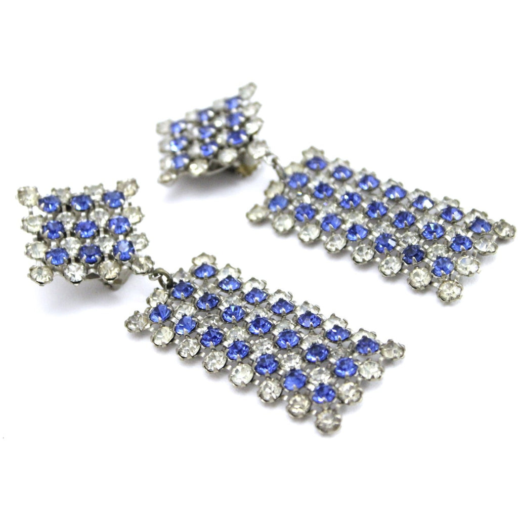 Vintage Earrings Statement Blue Clear Stepped Rhinestones Clip Back White Metal 3.5" The Best Vintage Clothing