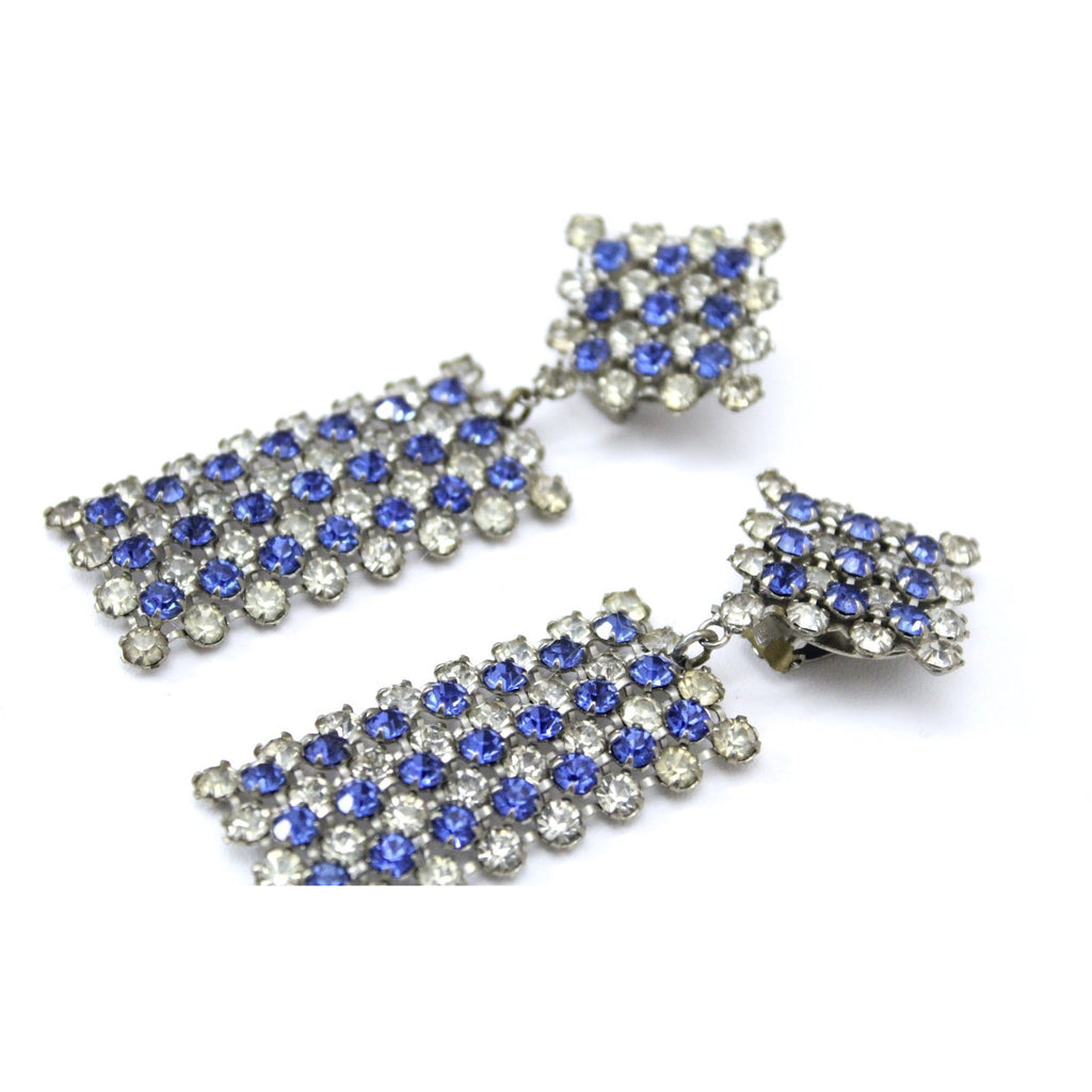 Vintage Earrings Statement Blue Clear Stepped Rhinestones Clip Back White Metal 3.5" The Best Vintage Clothing