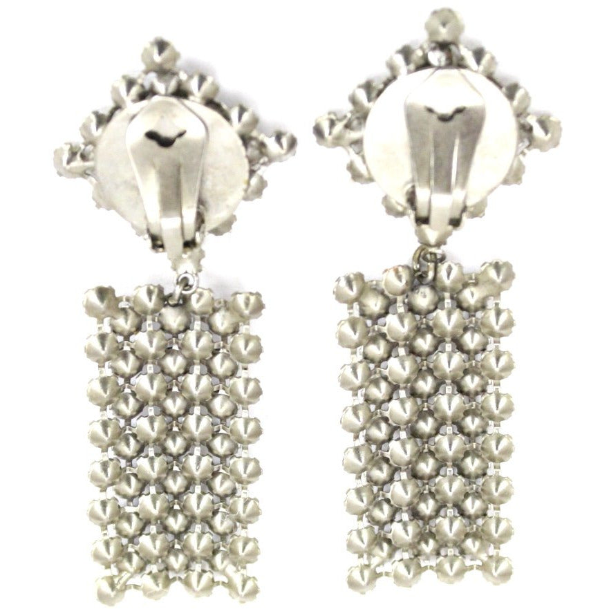 Vintage Earrings Statement Blue Clear Stepped Rhinestones Clip Back White Metal 3.5" The Best Vintage Clothing