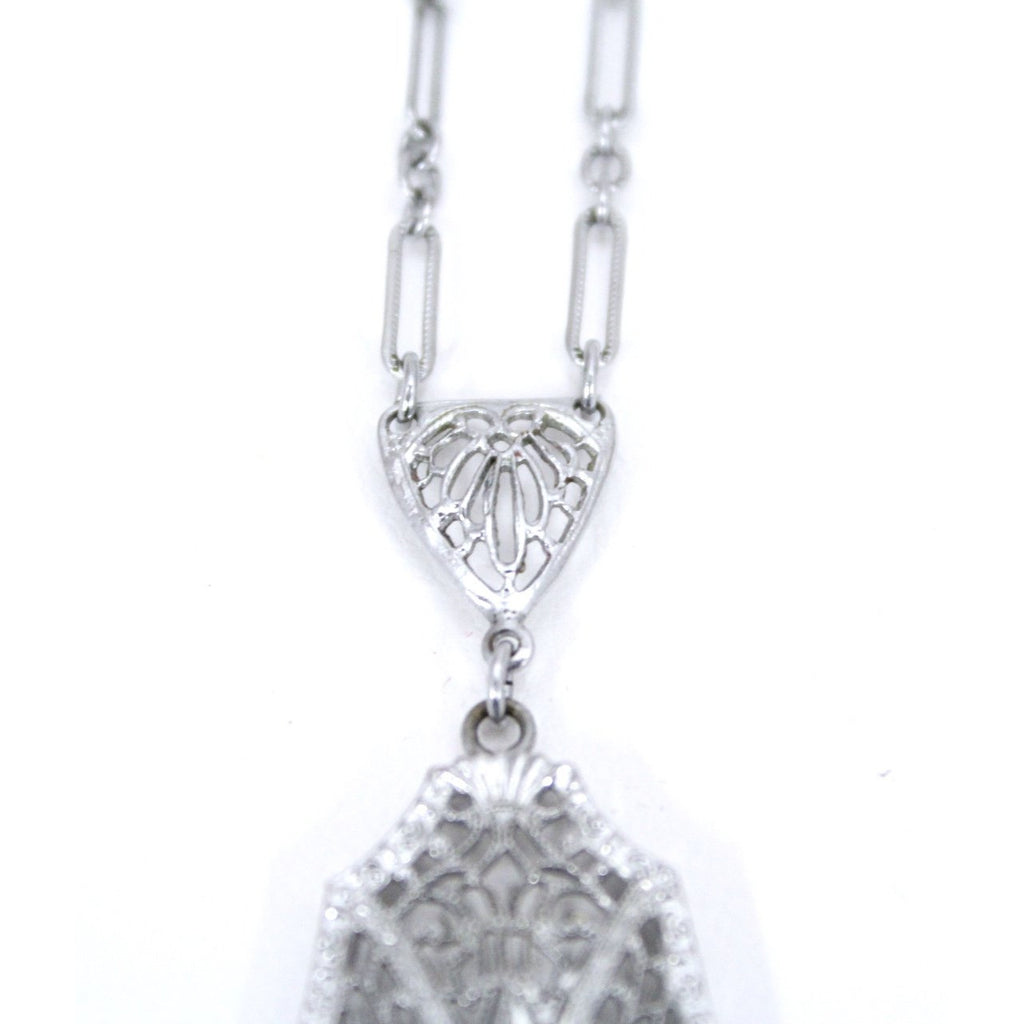 Antique Vintage Art Deco 1920s Filigree Cameo Pendant Necklace Downton Gatsby Fancy 16" Elongated Chain The Best Vintage Clothing