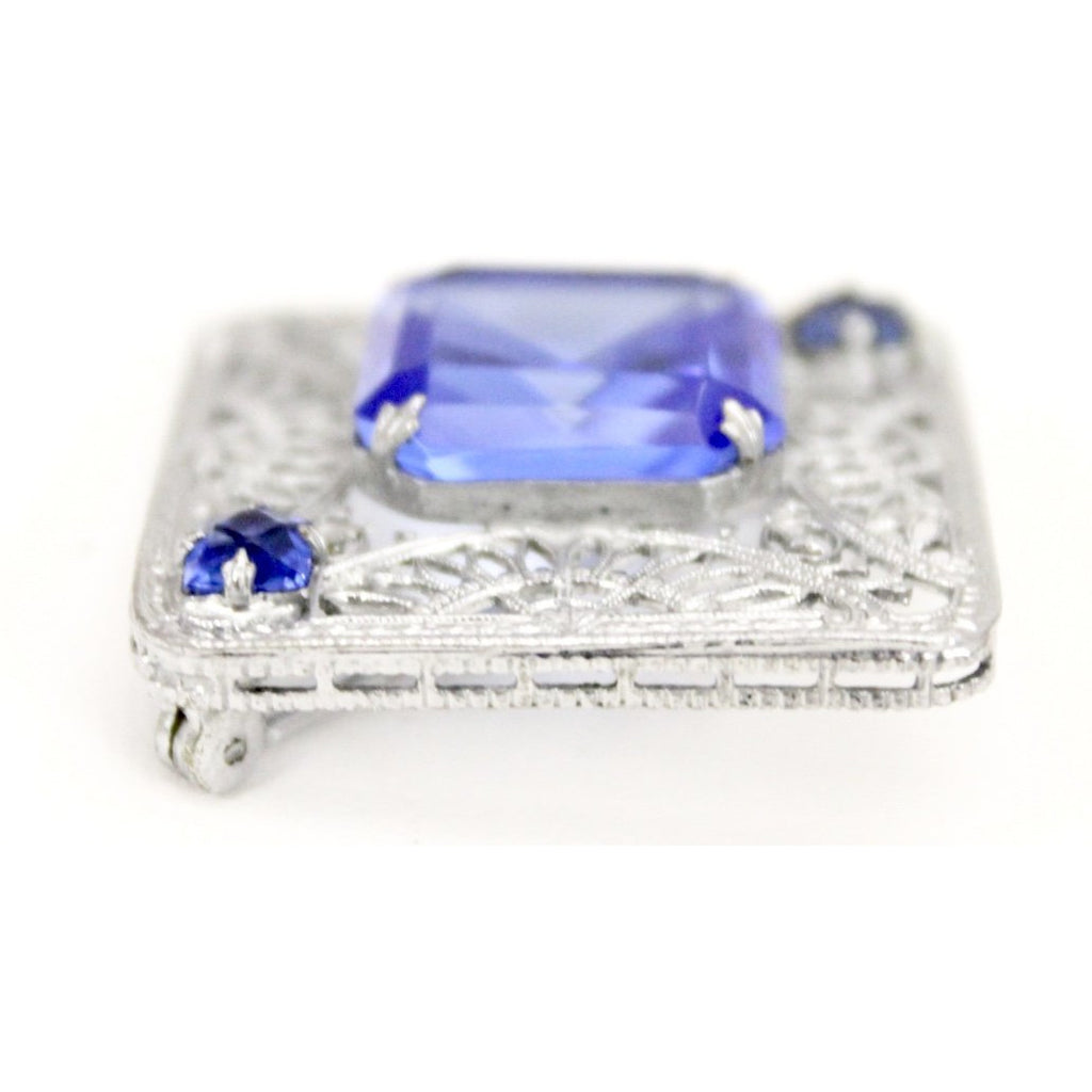 Antique Art Deco Brooch 1920s Square Pin Blue Glass White Metal Filigree 1 3/8" Cloche Pin The Best Vintage Clothing