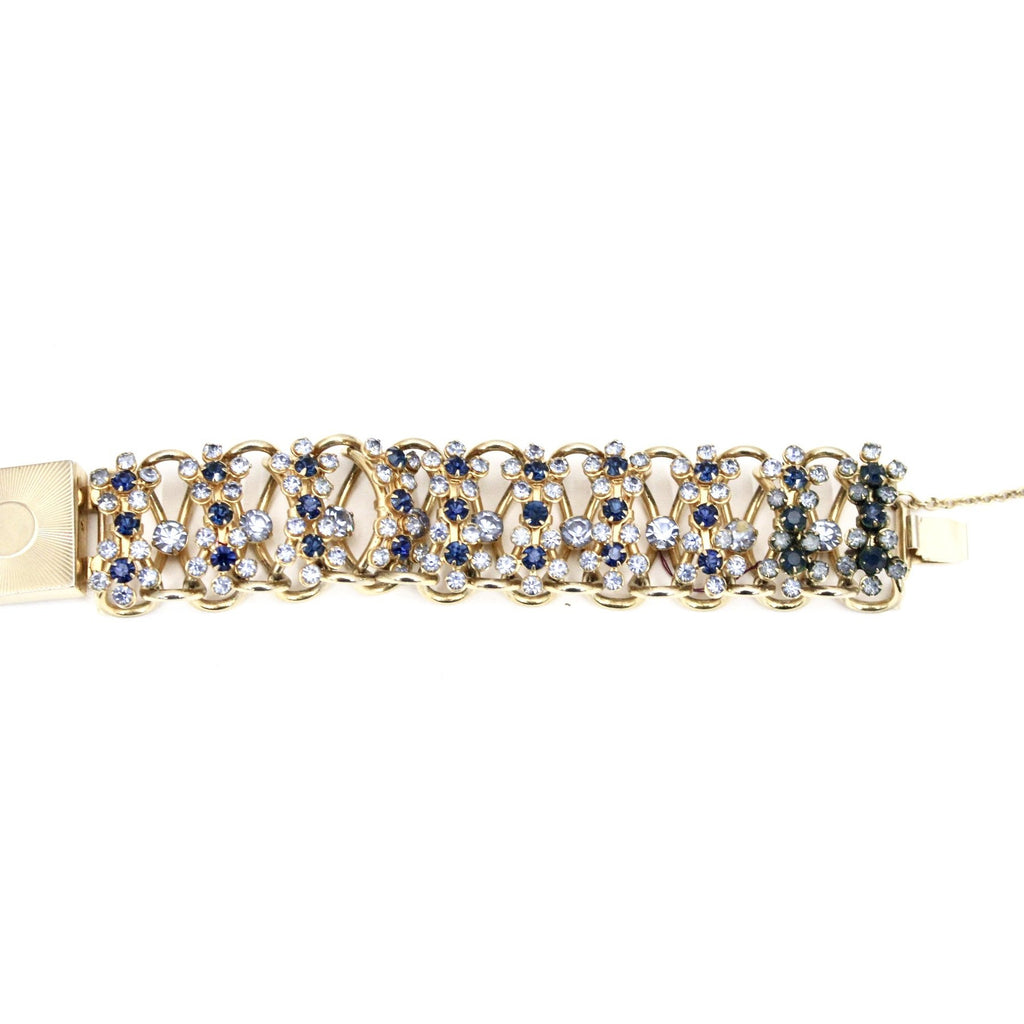 Vintage Bracelet 1950s Rolo Chain High Relief Blue Prong Set Rhinestones Gold Tone 7.25" The Best Vintage Clothing