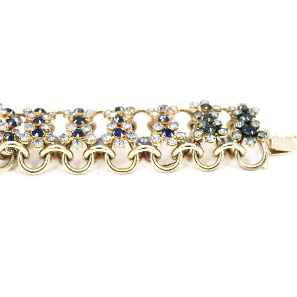 Vintage Bracelet 1950s Rolo Chain High Relief Blue Prong Set Rhinestones Gold Tone 7.25" The Best Vintage Clothing