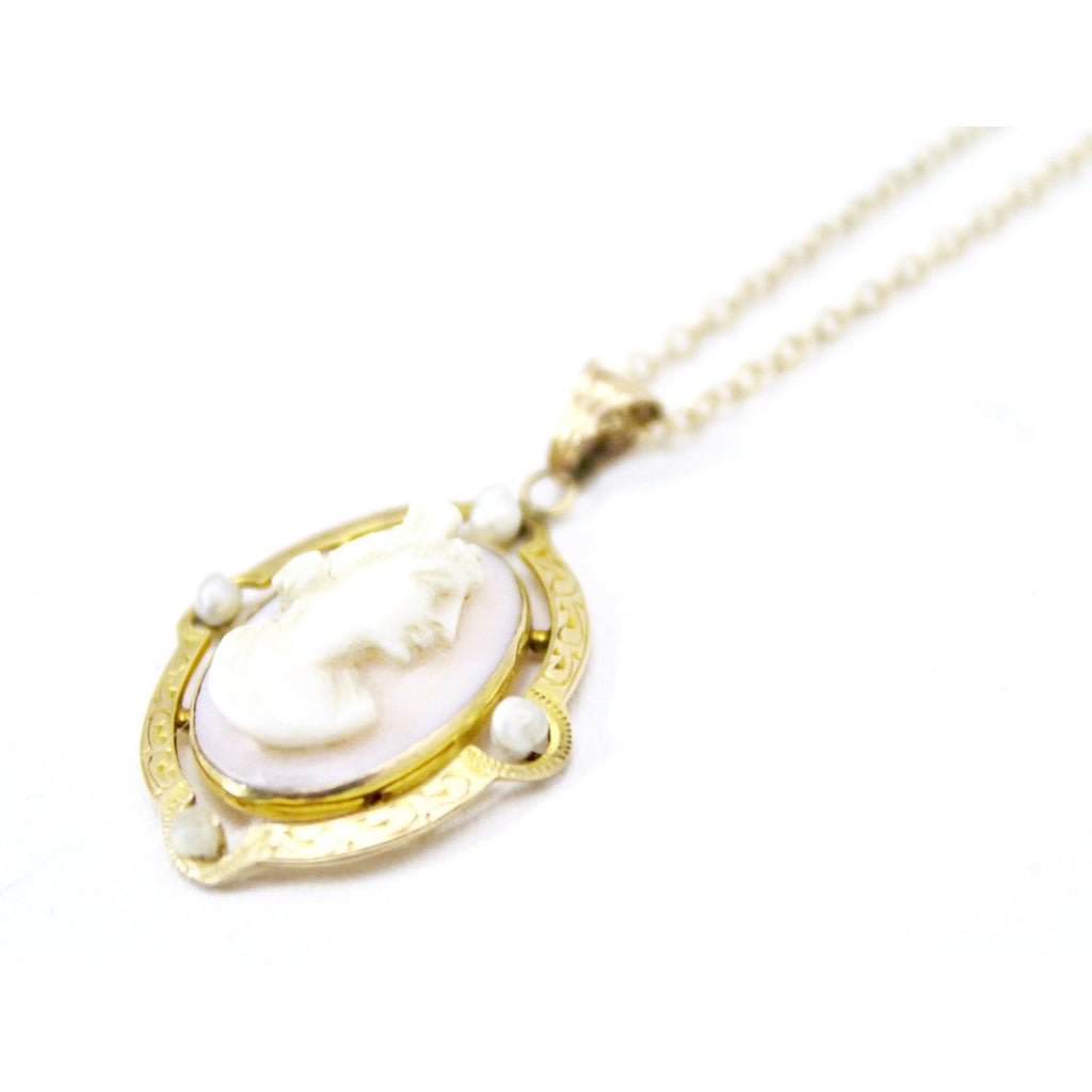 Vintage Shell Cameo Pearls 10K Necklace 14K Chain 16" Dainty Small Rolo Chain 4g The Best Vintage Clothing