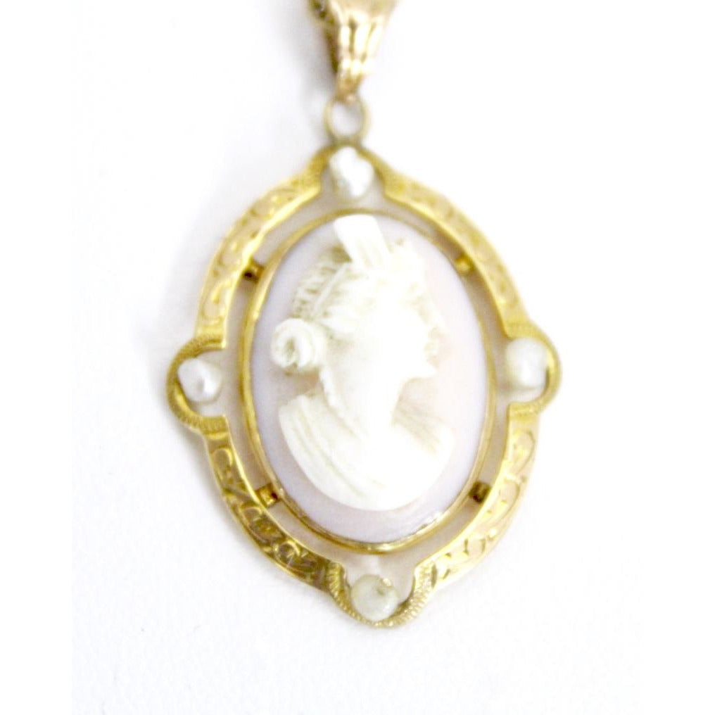 Vintage Shell Cameo Pearls 10K Necklace 14K Chain 16" Dainty Small Rolo Chain 4g The Best Vintage Clothing