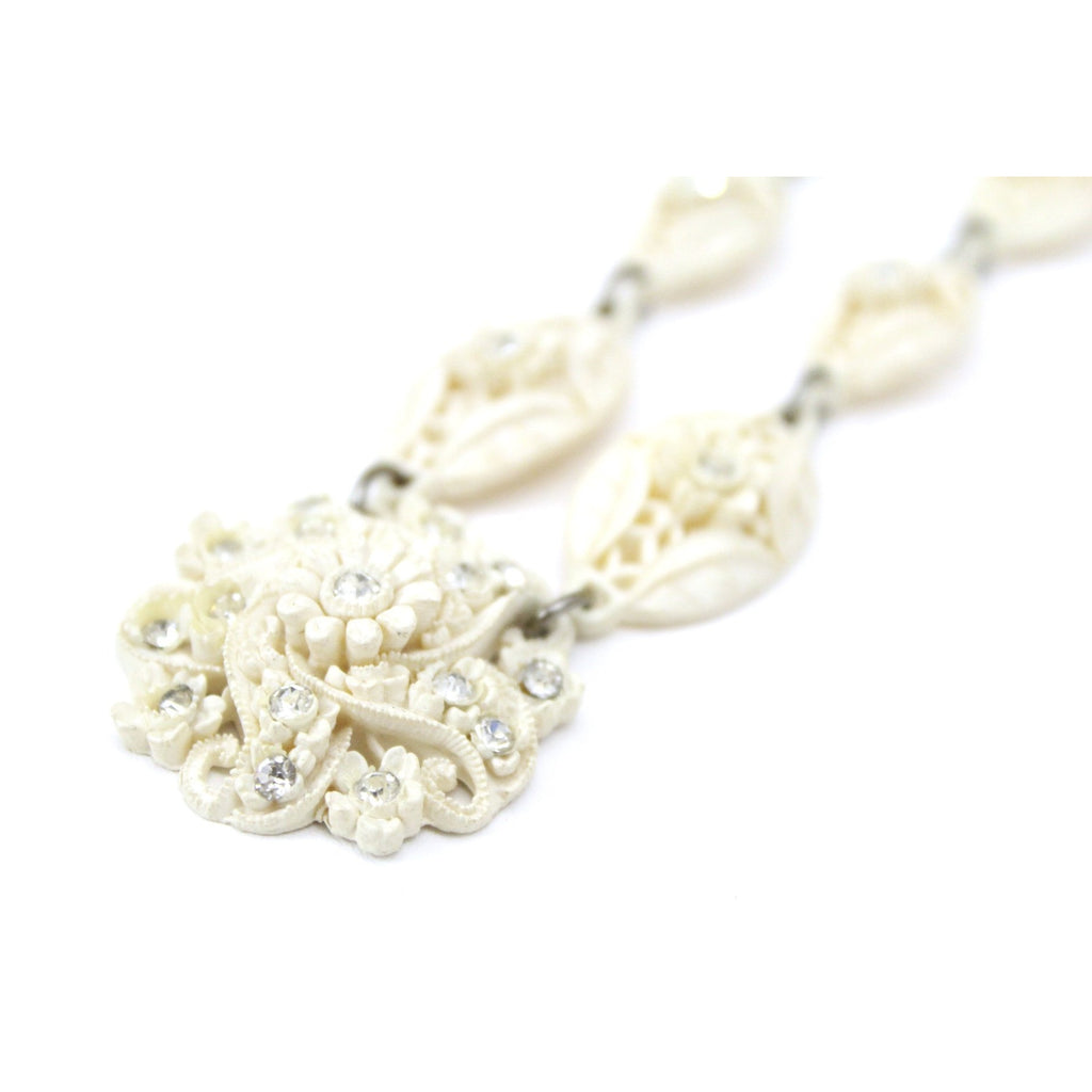 Vintage Carved Pierced Ivory Celluloid Necklace 1930s Rhinestones Flowers Wedding The Best Vintage Clothing