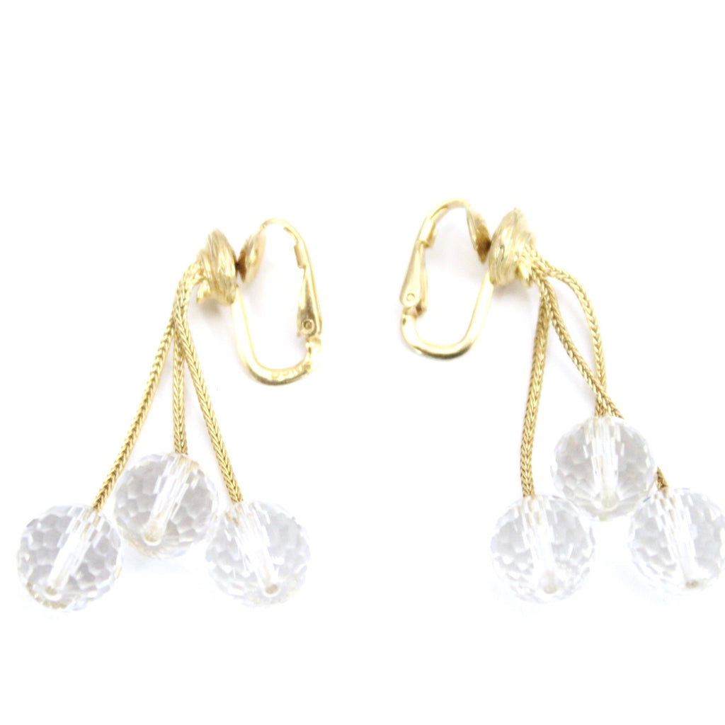 Vintage CINER signed Clip on Earrings Gold Triple Crystal Ball Drop Dangle 1 1/2" The Best Vintage Clothing