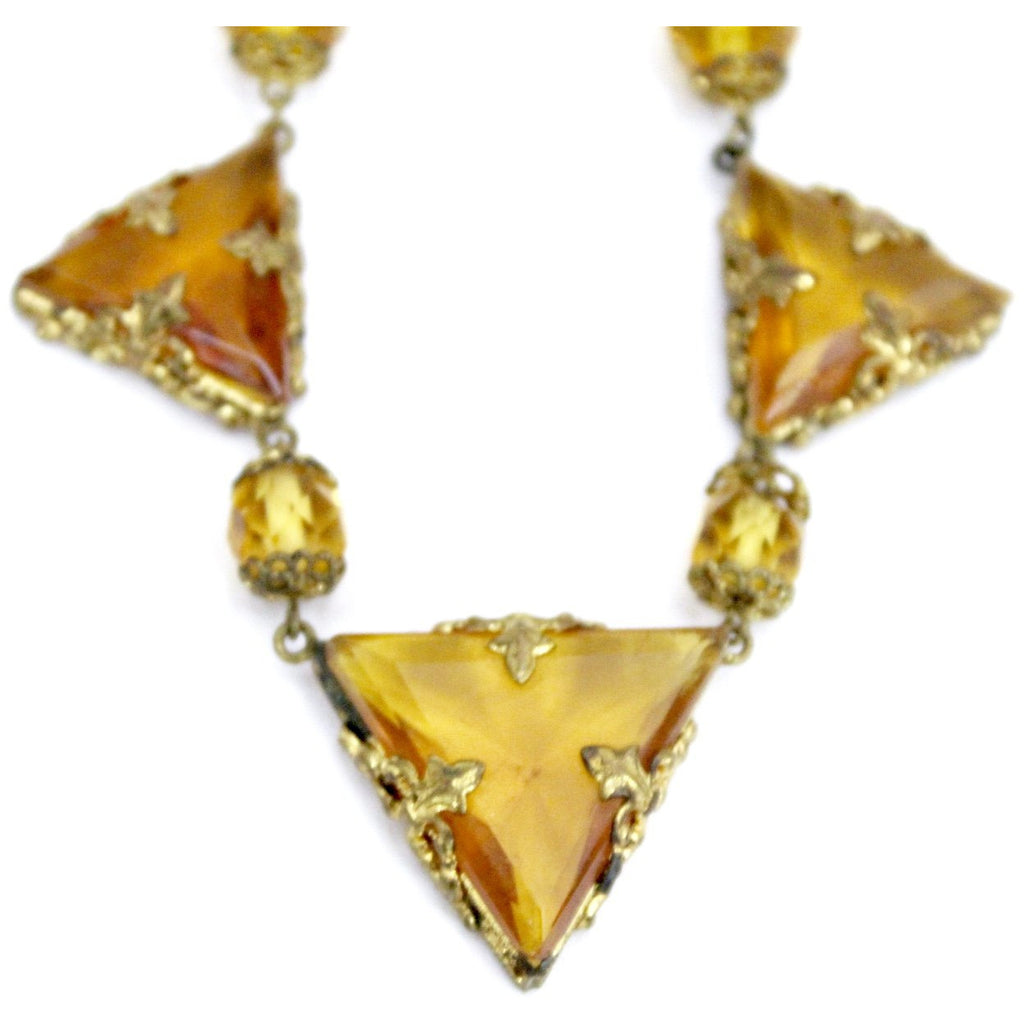 Antique 1920s Art Deco Necklace Demi Parure Amber Yellow Glass Stones Triangle Cut Brass Filigree 16" Flapper Necklace set The Best Vintage Clothing