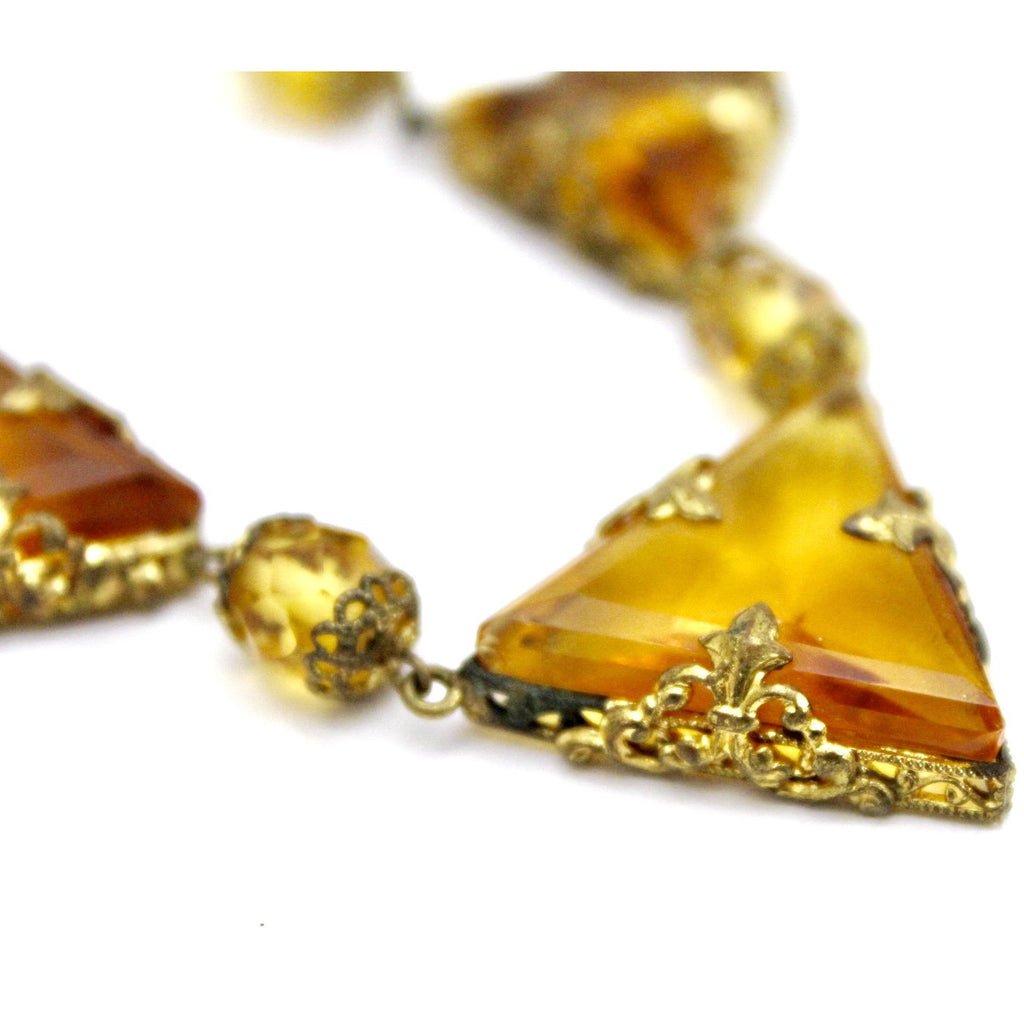 Antique 1920s Art Deco Necklace Demi Parure Amber Yellow Glass Stones Triangle Cut Brass Filigree 16" Flapper Necklace set The Best Vintage Clothing
