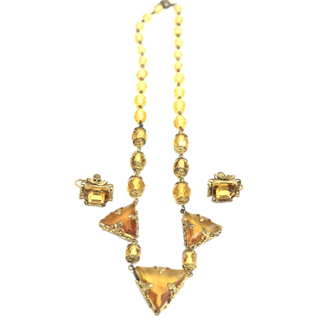 Antique 1920s Art Deco Necklace Demi Parure Amber Yellow Glass Stones Triangle Cut Brass Filigree 16" Flapper Necklace set The Best Vintage Clothing