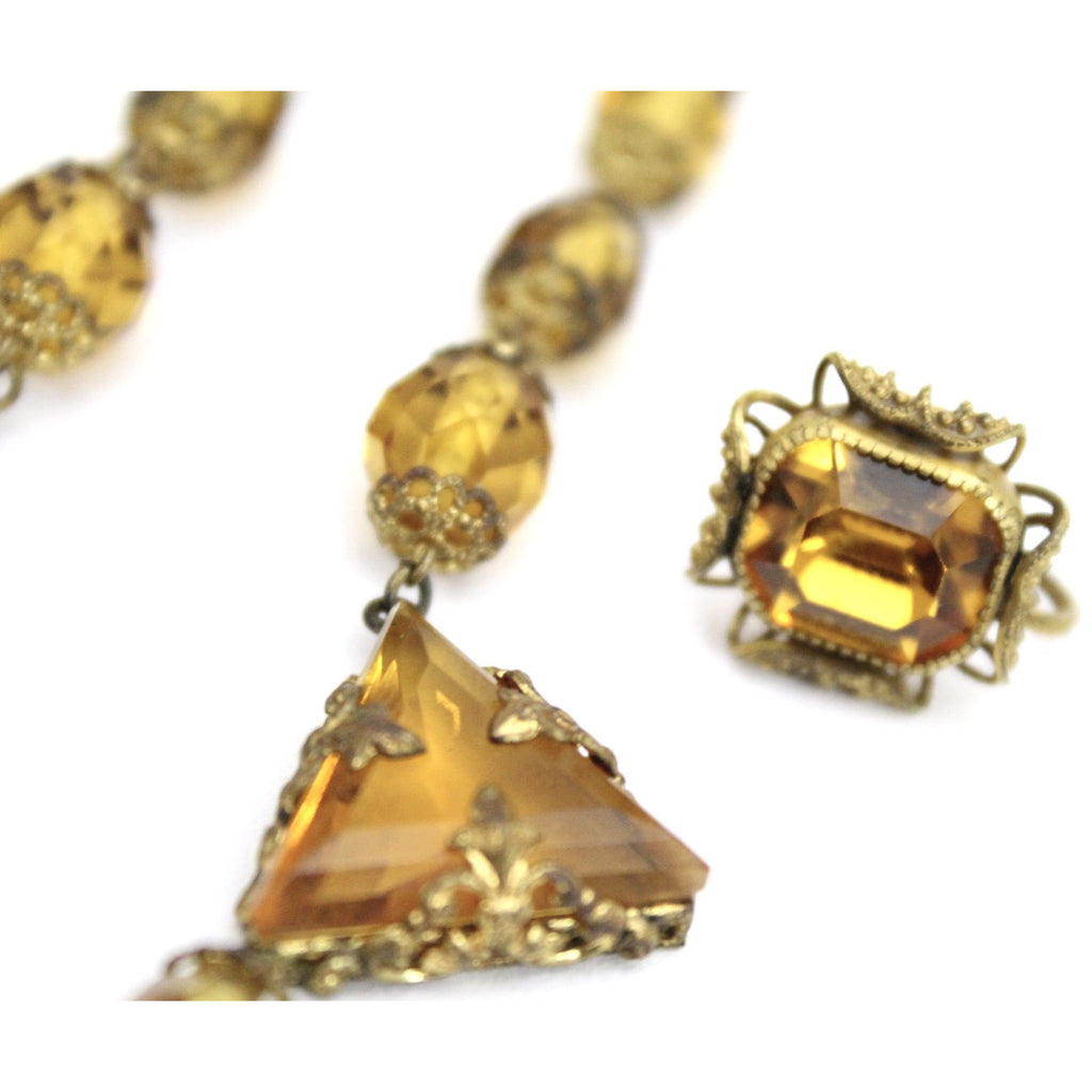 Antique 1920s Art Deco Necklace Demi Parure Amber Yellow Glass Stones Triangle Cut Brass Filigree 16" Flapper Necklace set The Best Vintage Clothing