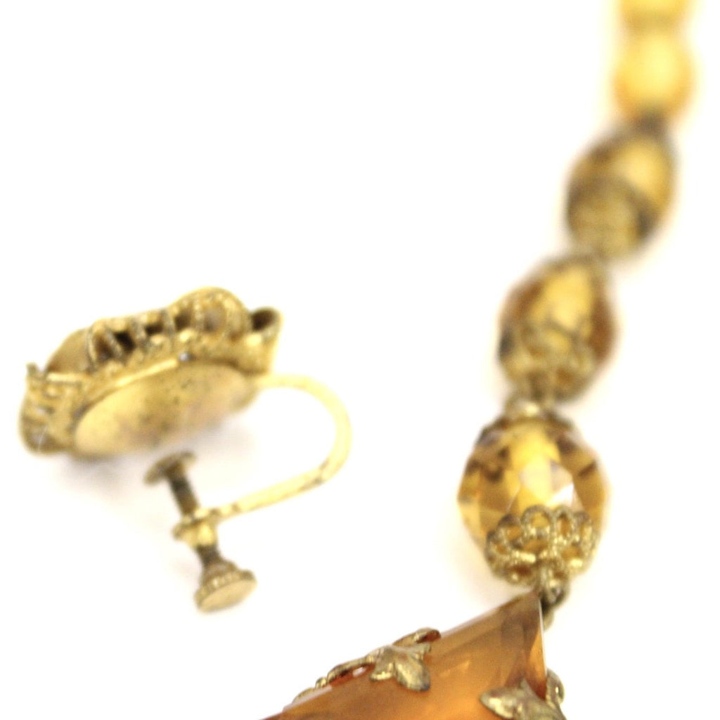 Antique 1920s Art Deco Necklace Demi Parure Amber Yellow Glass Stones Triangle Cut Brass Filigree 16" Flapper Necklace set The Best Vintage Clothing