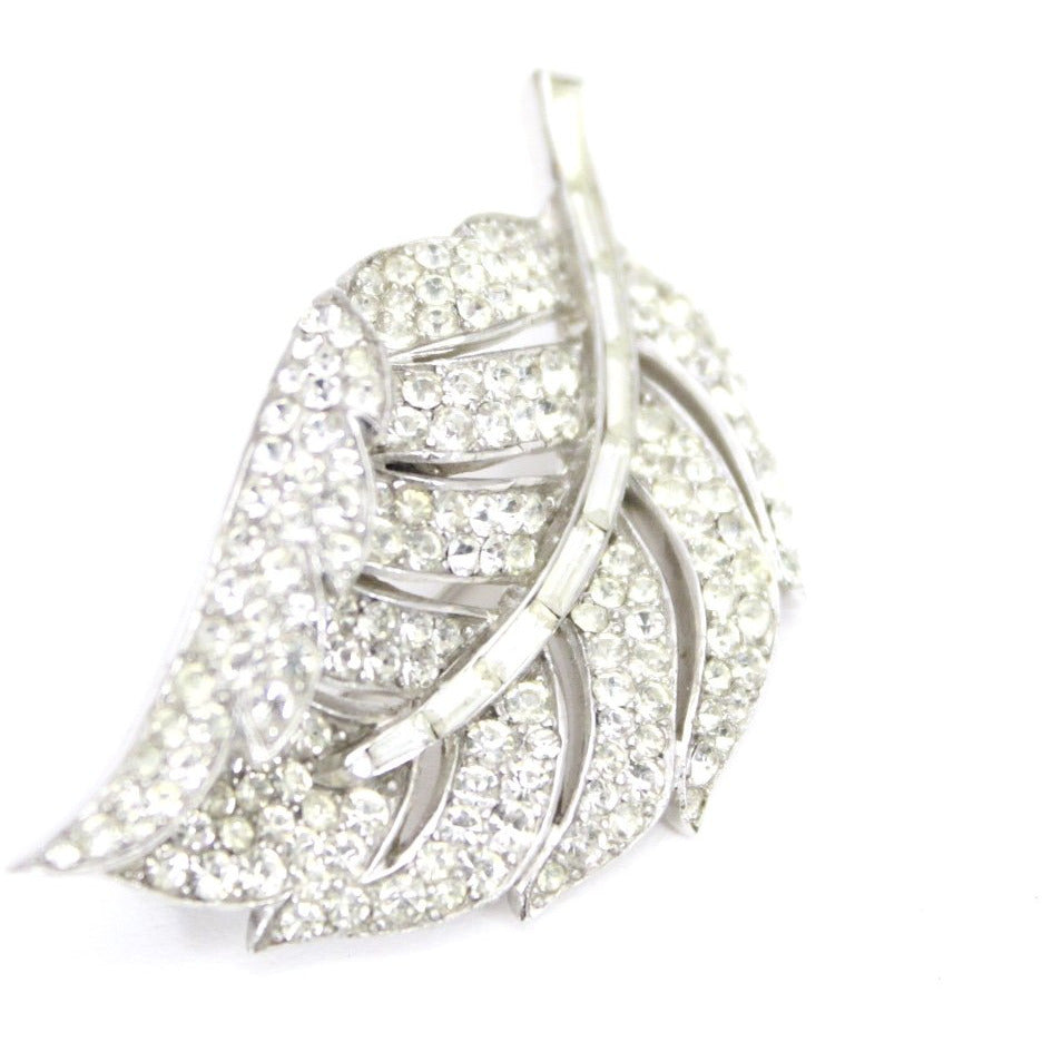 VINTAGE Trifari 'Alfred Philippe' Pave and Baguettes Rhodium 1950s Curling Leaf Pin 2" The Best Vintage Clothing