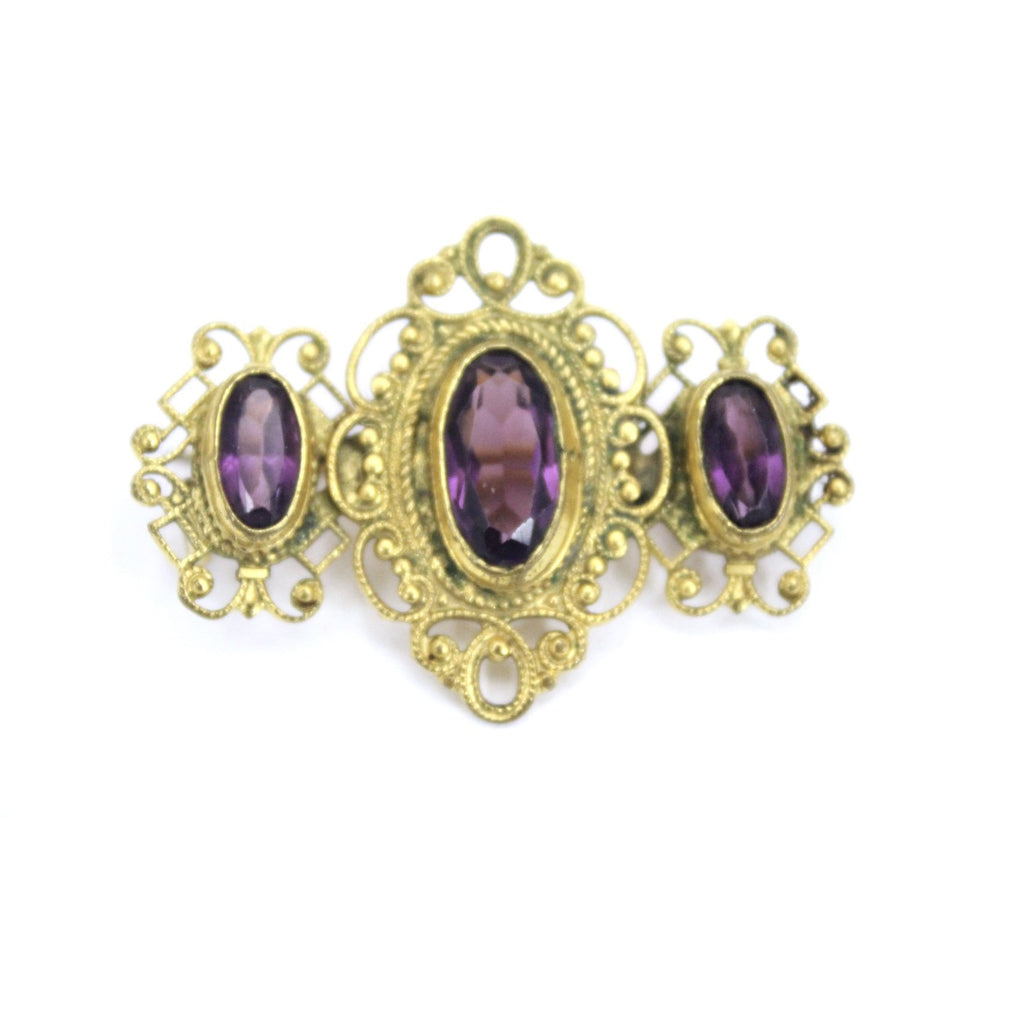 Victorian Neck Brooch 3 Amethyst Stones Bezel Set Ornate Gold Wash Setting 1 3/4" The Best Vintage Clothing