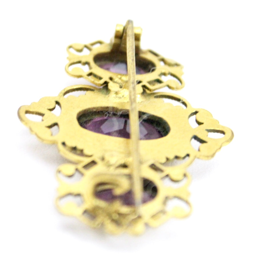 Victorian Neck Brooch 3 Amethyst Stones Bezel Set Ornate Gold Wash Setting 1 3/4" The Best Vintage Clothing