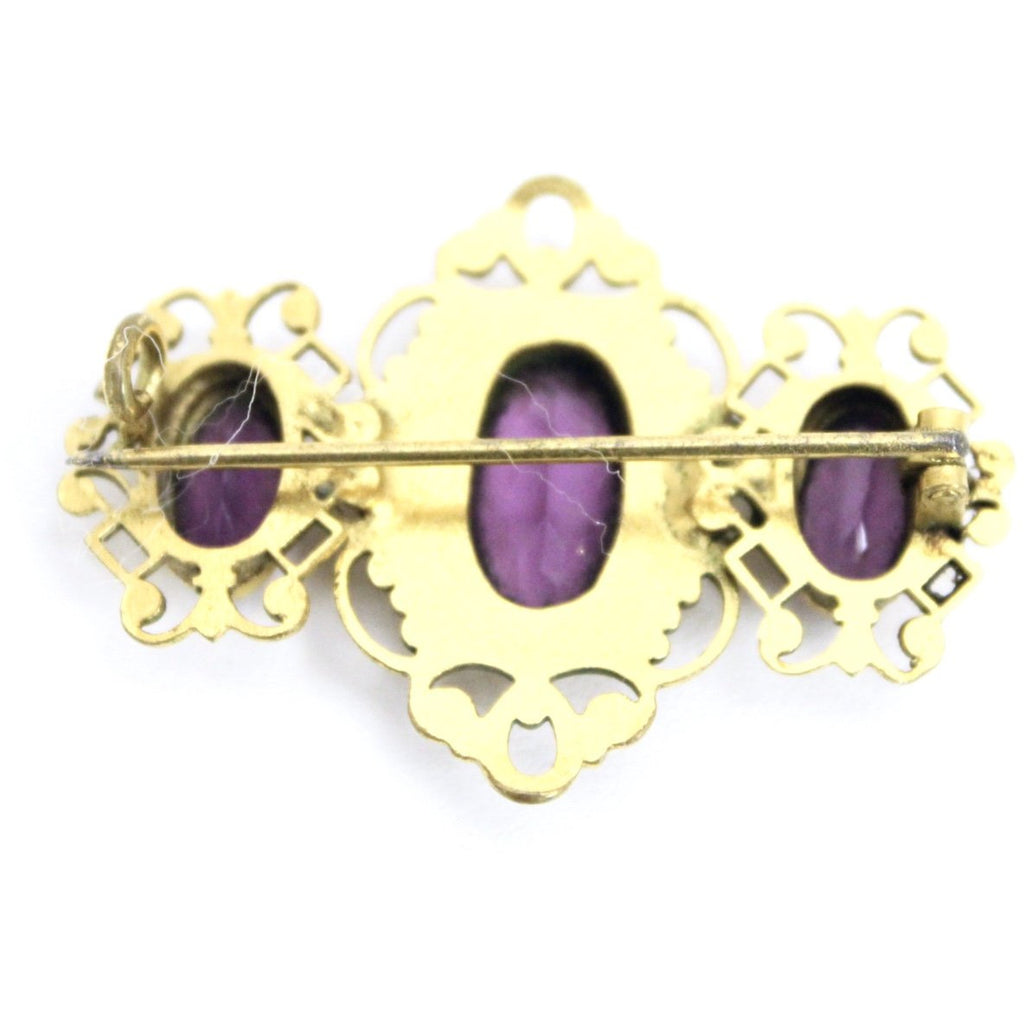 Victorian Neck Brooch 3 Amethyst Stones Bezel Set Ornate Gold Wash Setting 1 3/4" The Best Vintage Clothing