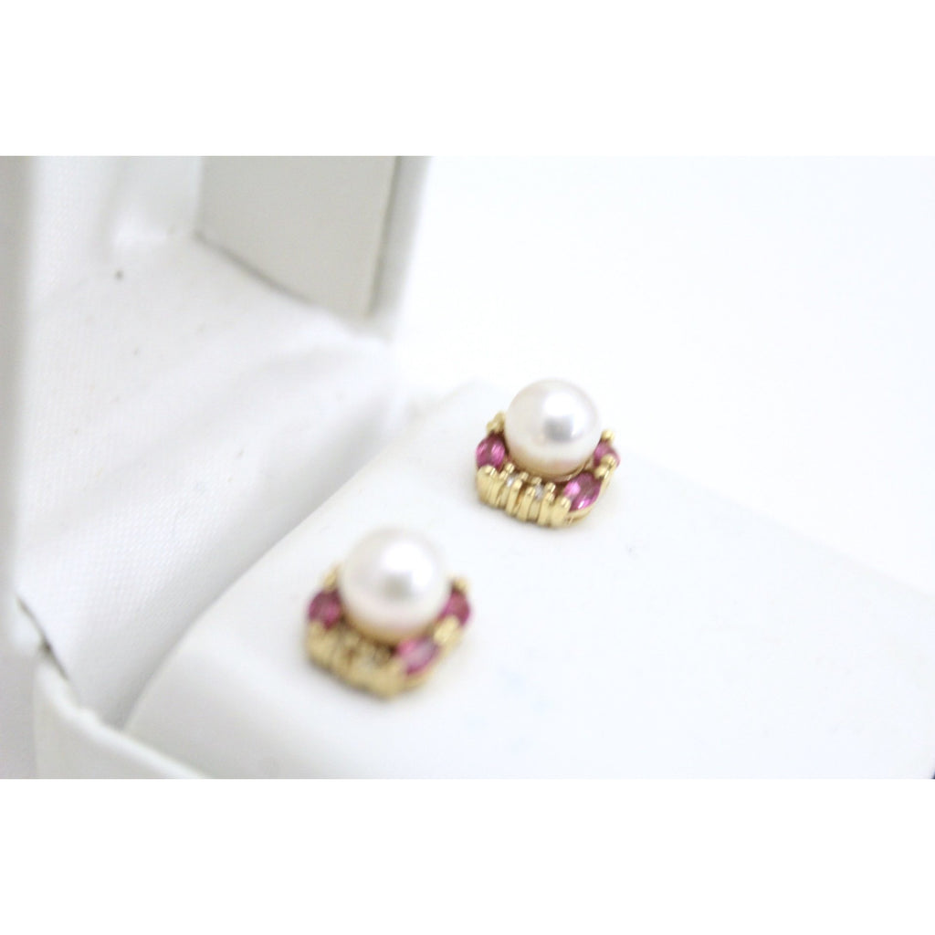 VTG Cultured Pearl, Ruby and Diamond 14K Earrings Post Stud Pierced 4 Grams The Best Vintage Clothing