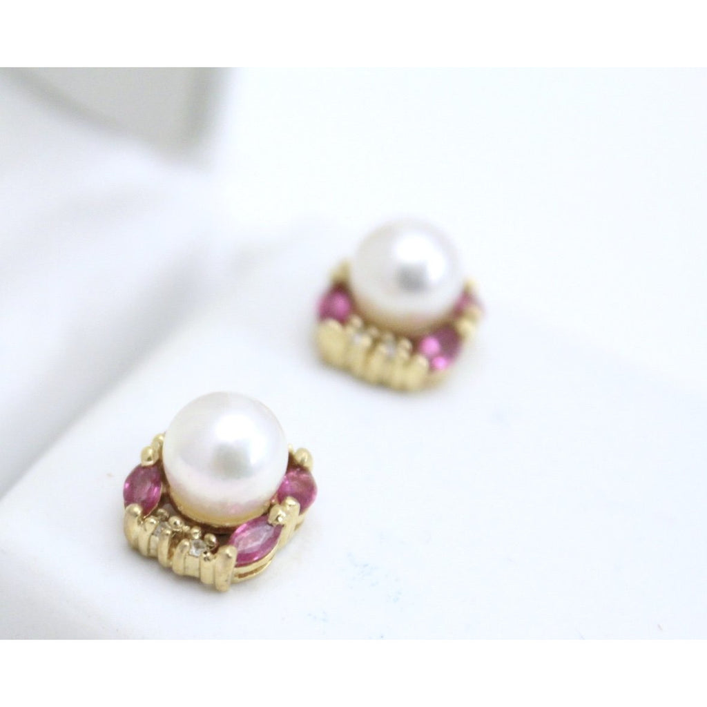 VTG Cultured Pearl, Ruby and Diamond 14K Earrings Post Stud Pierced 4 Grams The Best Vintage Clothing