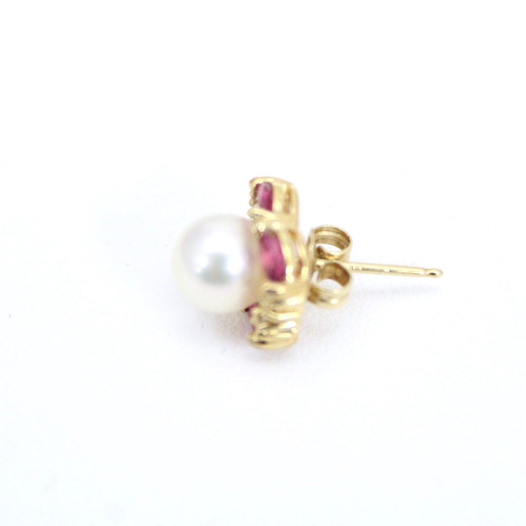 VTG Cultured Pearl, Ruby and Diamond 14K Earrings Post Stud Pierced 4 Grams The Best Vintage Clothing