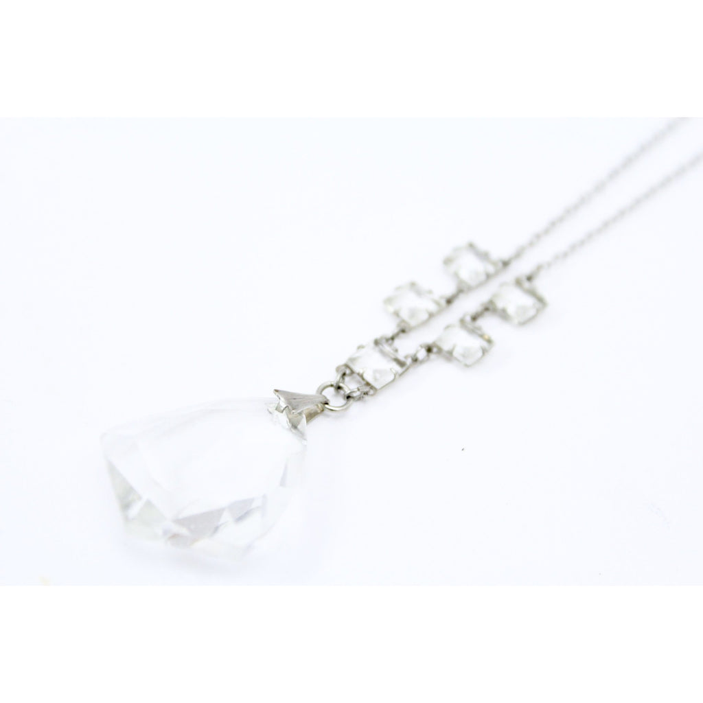 Antique 1920s Art Deco Necklace Faceted Clear Glass Pendant 16" Fancy Chain The Best Vintage Clothing