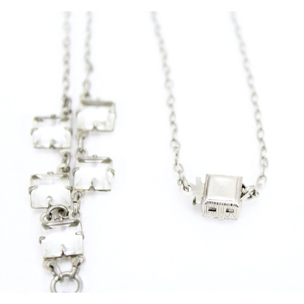 Antique 1920s Art Deco Necklace Faceted Clear Glass Pendant 16" Fancy Chain The Best Vintage Clothing