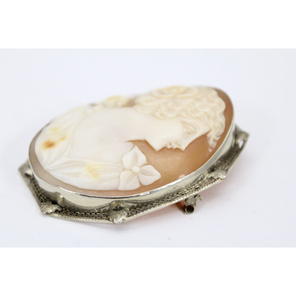 14k White Gold Filigree Carved Shell Victorian Cameo Brooch Rose Pin Pendant Folding Bale 1 7/8 13G The Best Vintage Clothing
