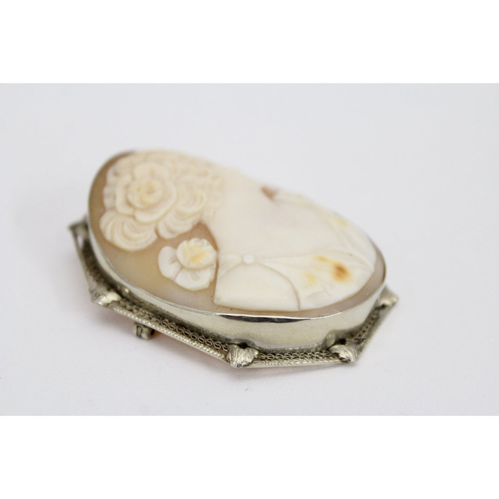 14k White Gold Filigree Carved Shell Victorian Cameo Brooch Rose Pin Pendant Folding Bale 1 7/8 13G The Best Vintage Clothing