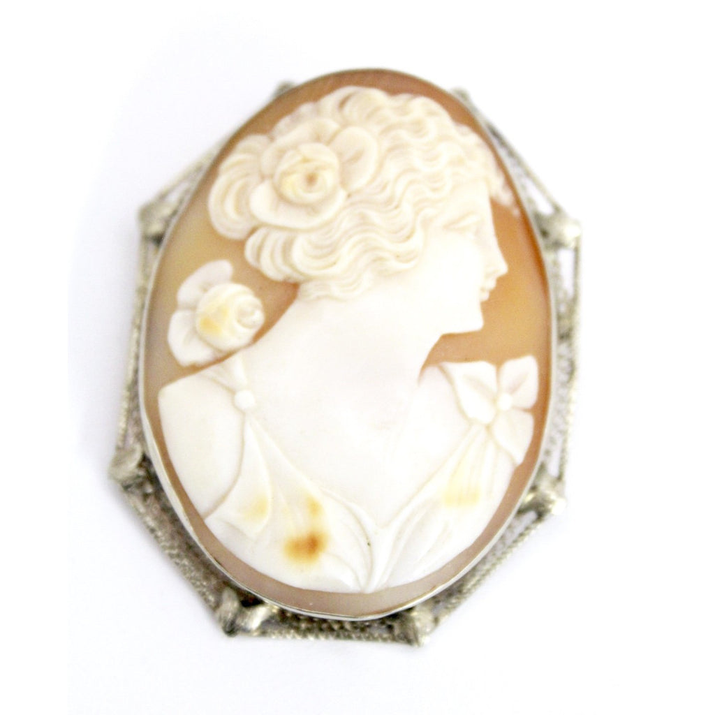 14k White Gold Filigree Carved Shell Victorian Cameo Brooch Rose Pin Pendant Folding Bale 1 7/8 13G The Best Vintage Clothing