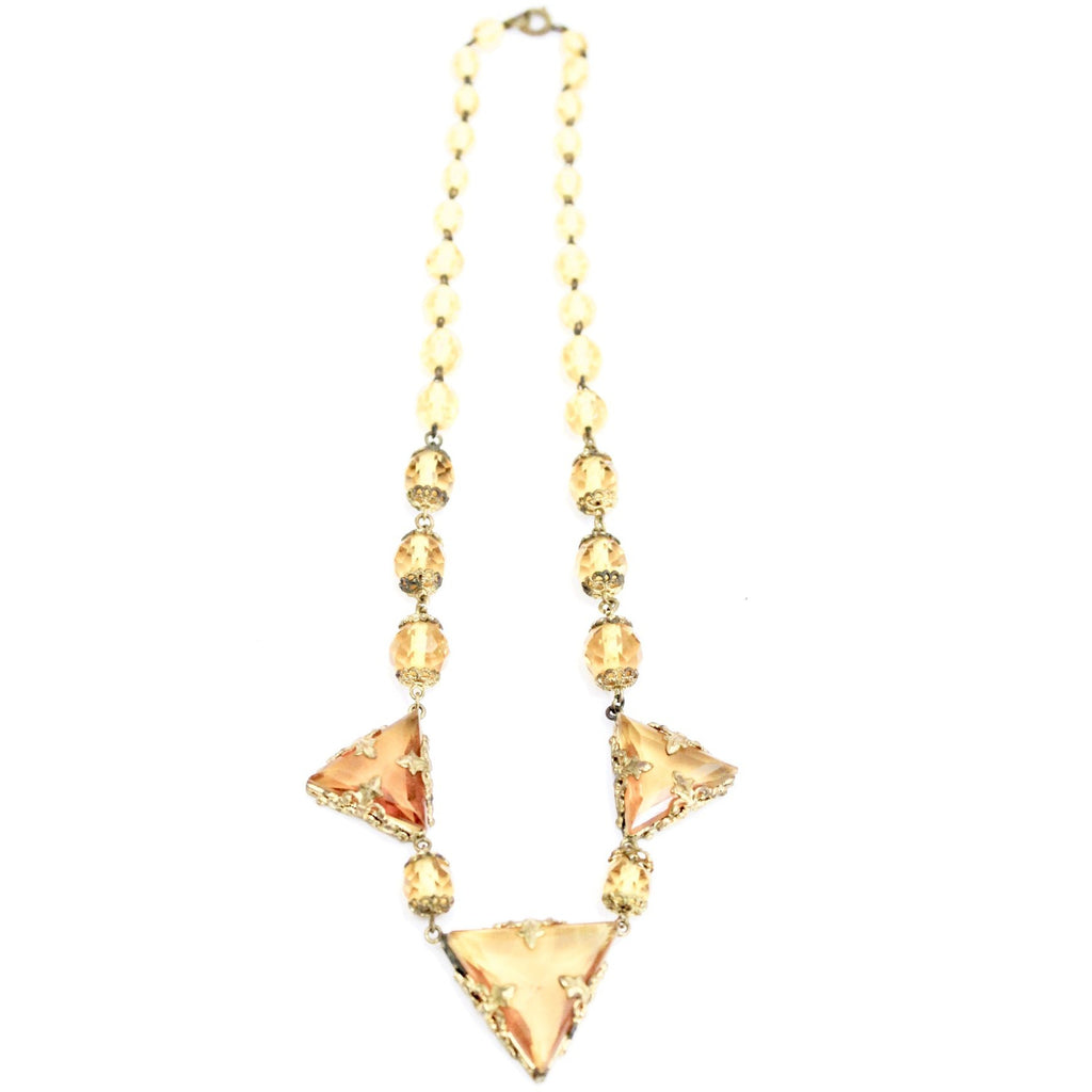 Antique 1920s Art Deco Necklace Demi Parure Amber Yellow Glass Stones Triangle Cut Brass Filigree 16" Flapper Necklace set The Best Vintage Clothing