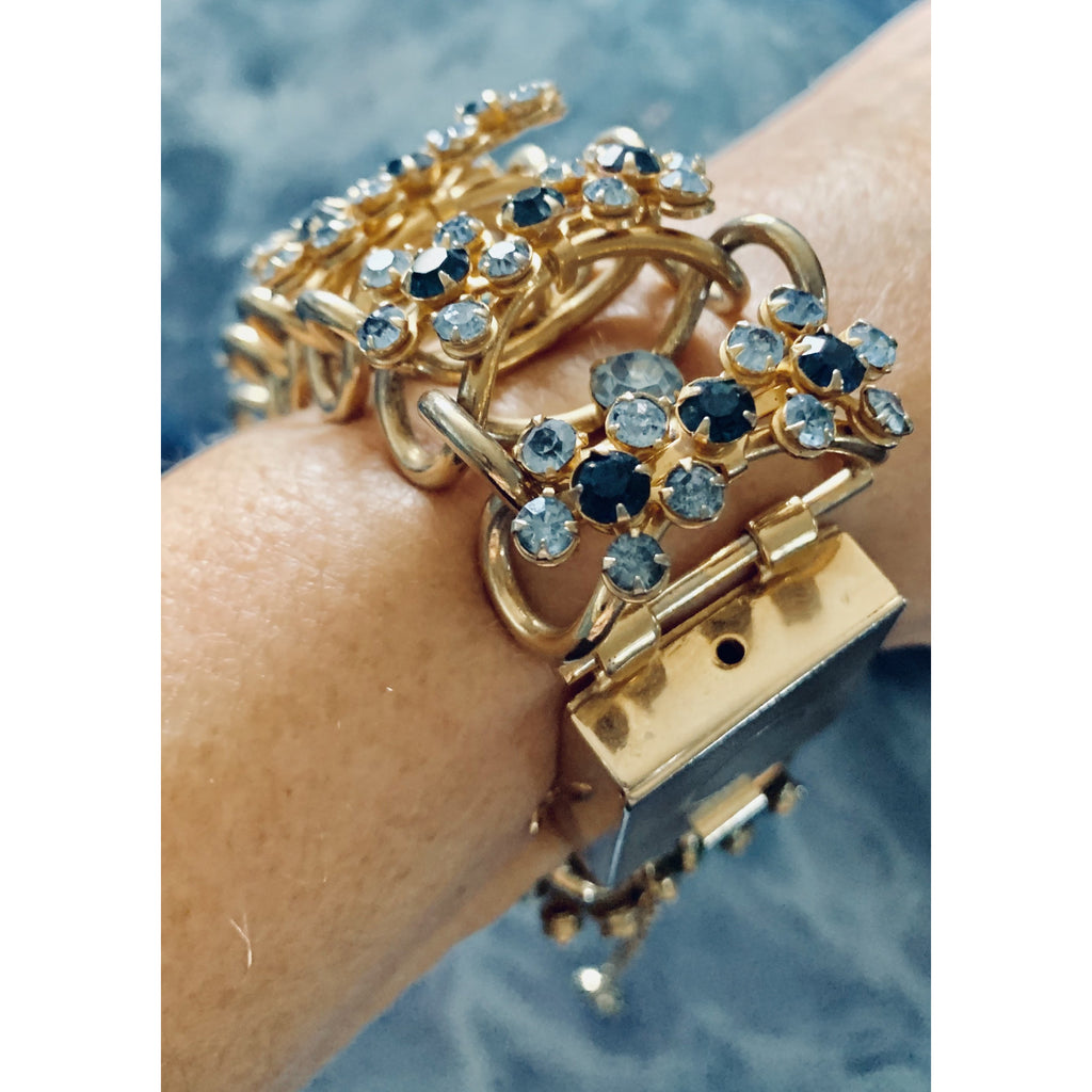 Vintage Bracelet 1950s Rolo Chain High Relief Blue Prong Set Rhinestones Gold Tone 7.25" The Best Vintage Clothing