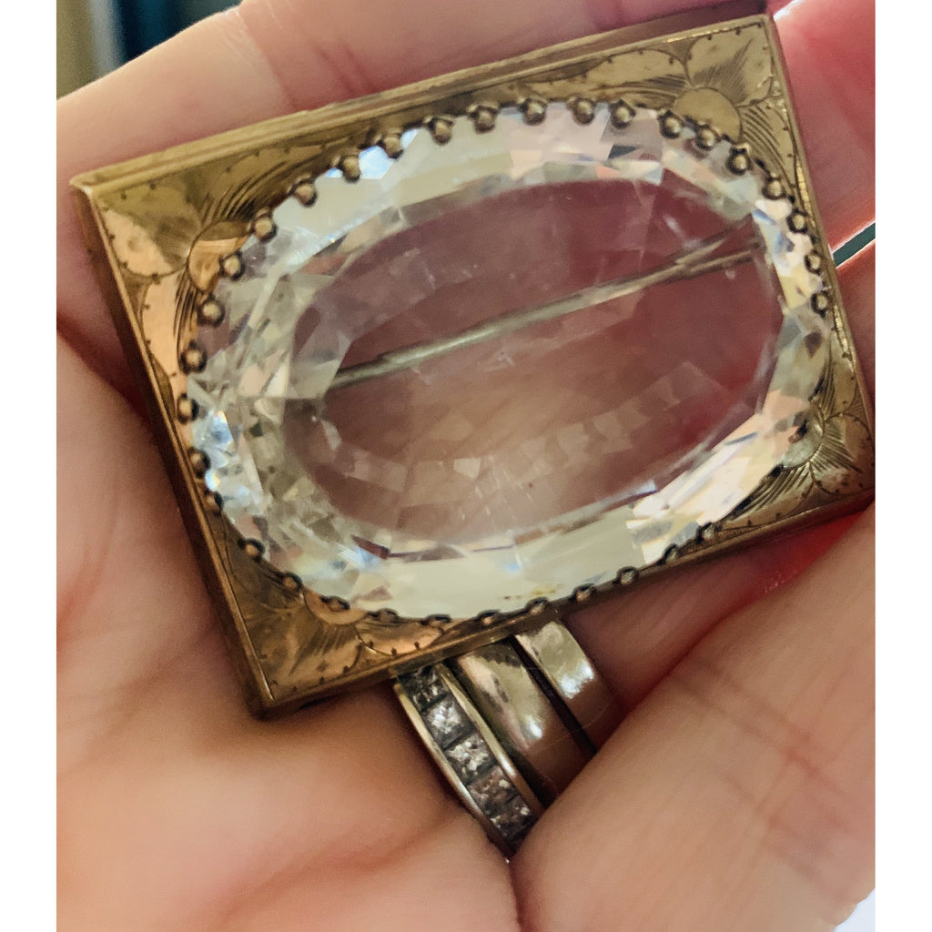 Antique Victorian Sash Pin Brooch HEAVY center Clear Glass Gold PLATED Rectangular 1 3/4" The Best Vintage Clothing