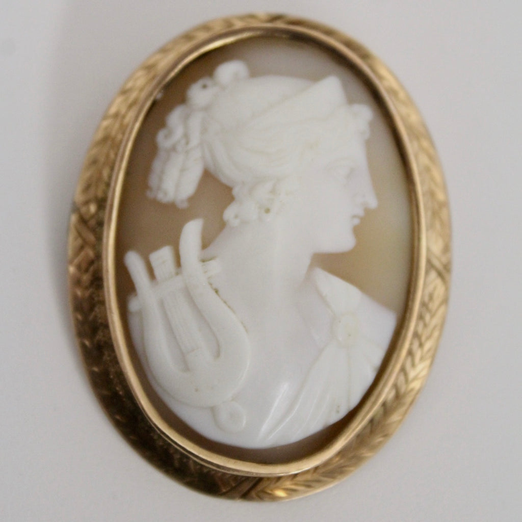 Shell Cameo "Orpheus" w/Lyre Brooch 10K Yellow Gold 1837-1910 Large 2" 8 Grams The Best Vintage Clothing