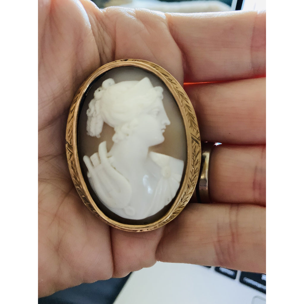 Shell Cameo "Orpheus" w/Lyre Brooch 10K Yellow Gold 1837-1910 Large 2" 8 Grams The Best Vintage Clothing