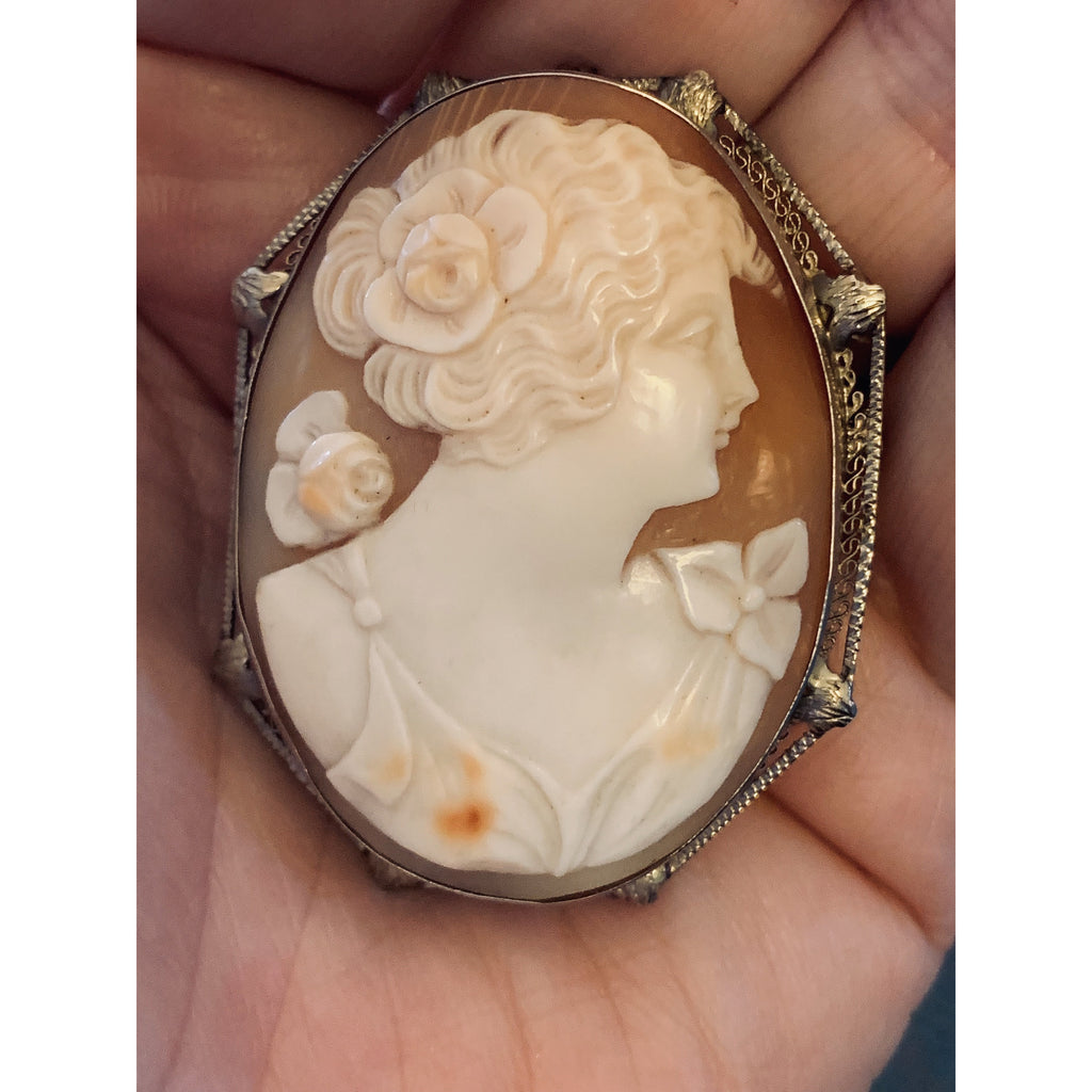 14k White Gold Filigree Carved Shell Victorian Cameo Brooch Rose Pin Pendant Folding Bale 1 7/8 13G The Best Vintage Clothing