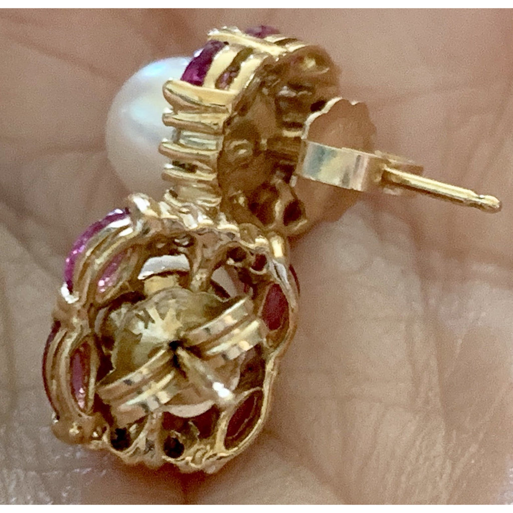 VTG Cultured Pearl, Ruby and Diamond 14K Earrings Post Stud Pierced 4 Grams The Best Vintage Clothing