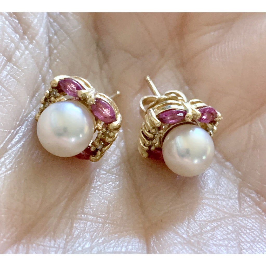 VTG Cultured Pearl, Ruby and Diamond 14K Earrings Post Stud Pierced 4 Grams The Best Vintage Clothing