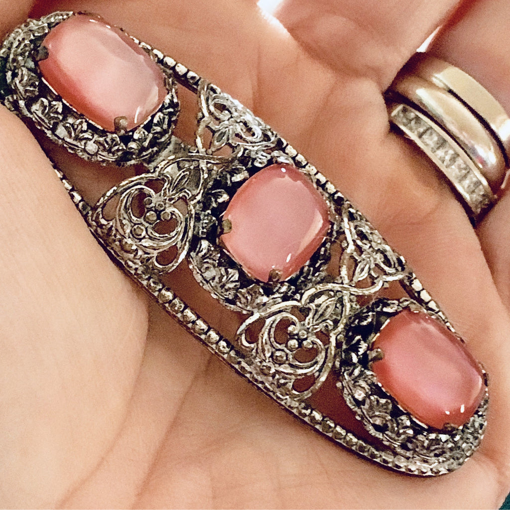 Antique Czech Brooch Pale Pink Opalescent Cabochons Metal Filigree Victorian 3" The Best Vintage Clothing