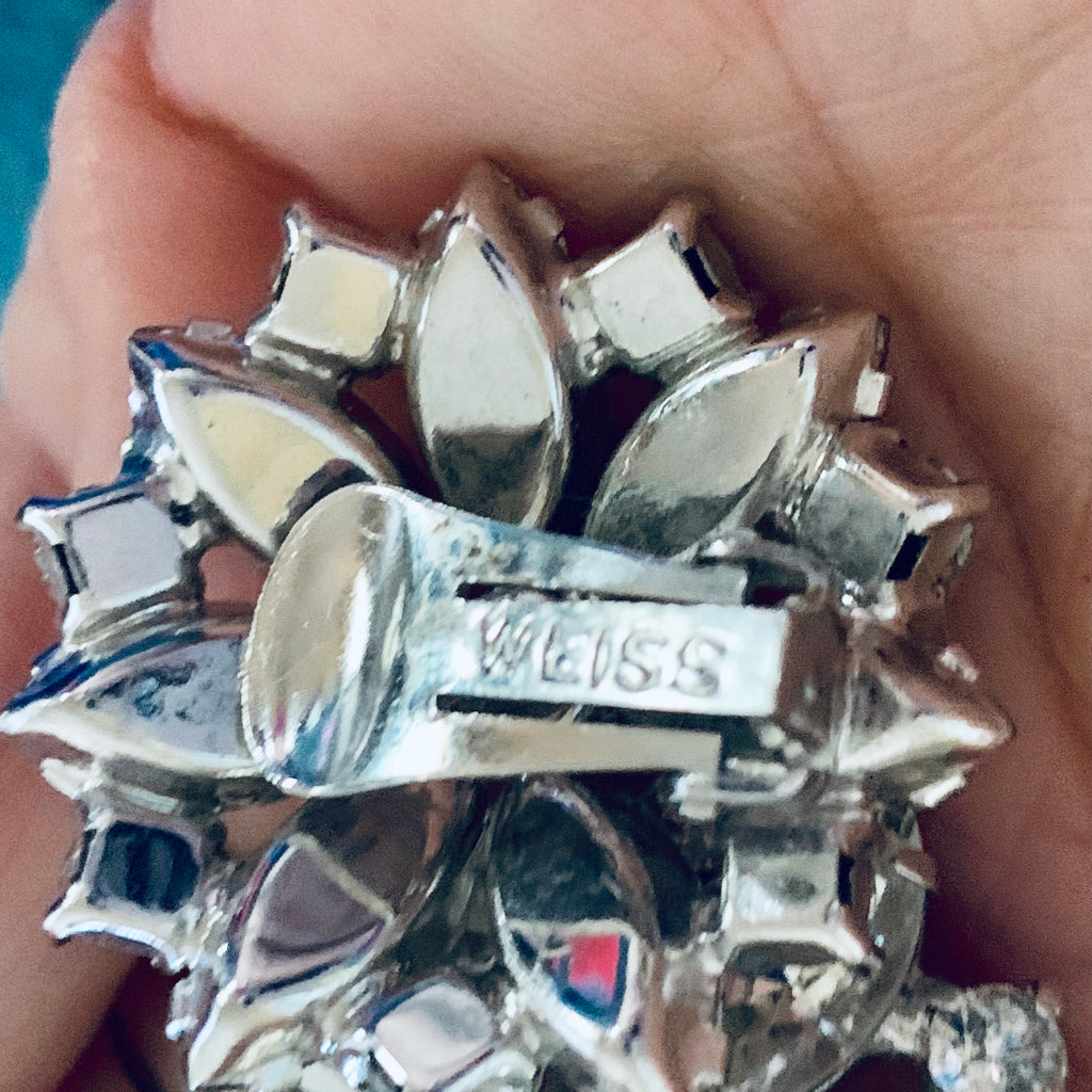 Vtg WEISS Earrings Marquise White RHINESTONE Flower Clip On 1.5" Signed Octagon Round The Best Vintage Clothing