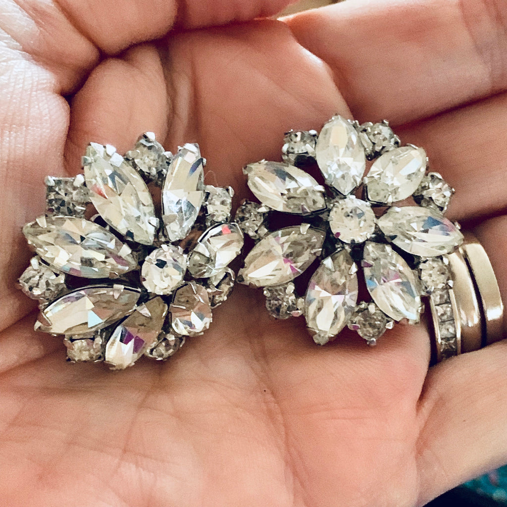 Vtg WEISS Earrings Marquise White RHINESTONE Flower Clip On 1.5" Signed Octagon Round The Best Vintage Clothing