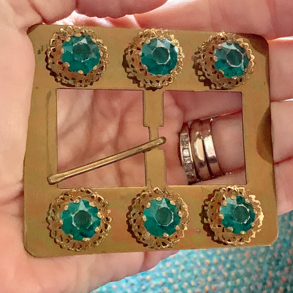 Large Antique Buckle Hat Ornament Brass w Emerald Green Rhinestones 3" The Best Vintage Clothing
