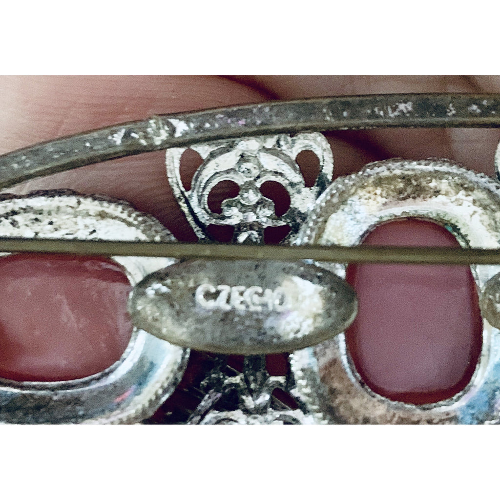 Antique Czech Brooch Pale Pink Opalescent Cabochons Metal Filigree Victorian 3" The Best Vintage Clothing