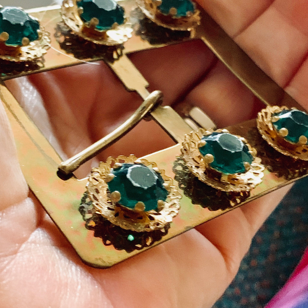 Large Antique Buckle Hat Ornament Brass w Emerald Green Rhinestones 3" The Best Vintage Clothing