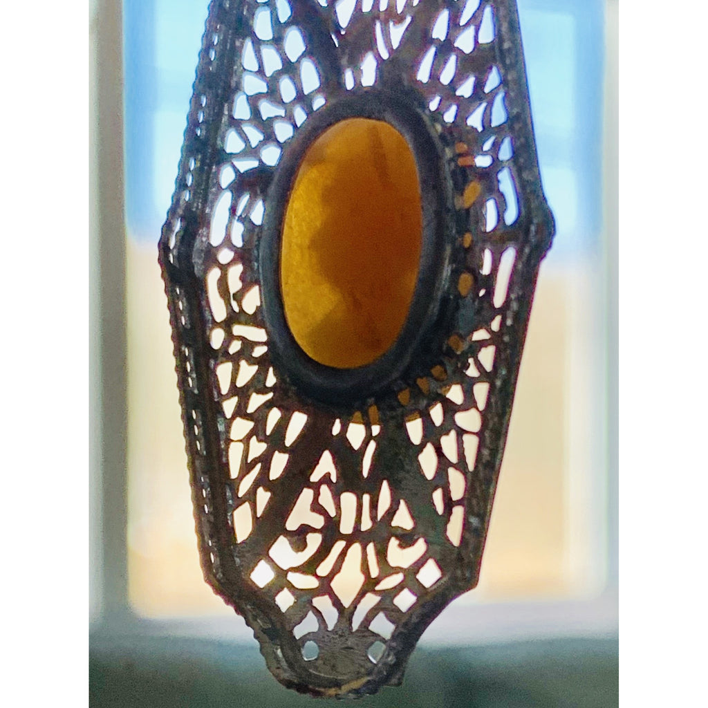 Antique Vintage Art Deco 1920s Filigree Cameo Pendant Necklace Downton Gatsby Fancy 16" Elongated Chain The Best Vintage Clothing