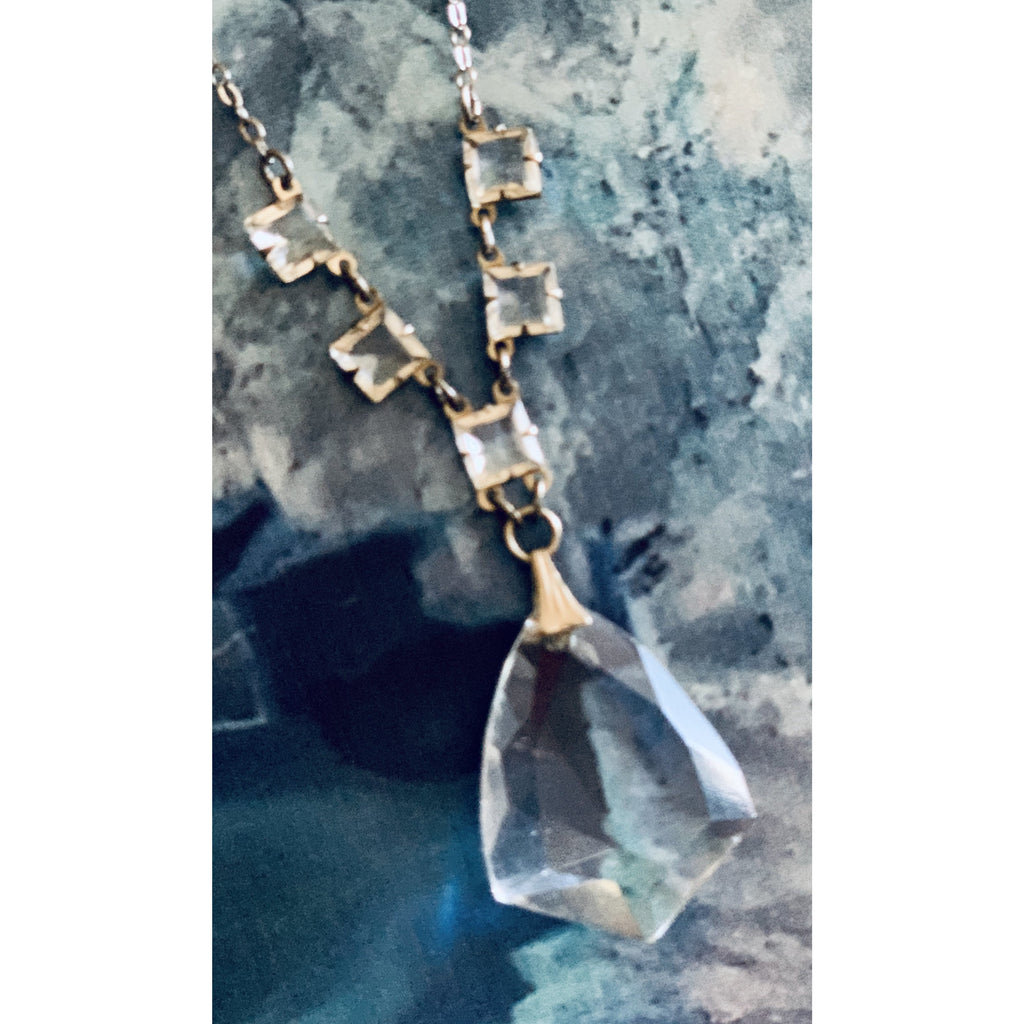 Antique 1920s Art Deco Necklace Faceted Clear Glass Pendant 16" Fancy Chain The Best Vintage Clothing